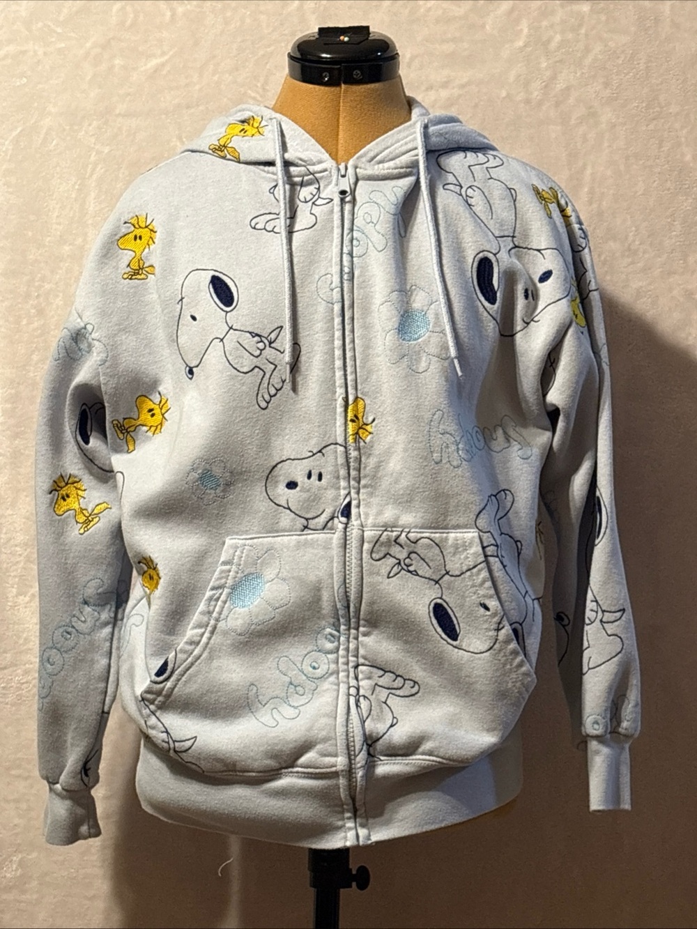 Peanuts Light Blue Zip-Up Hoodie with Snoopy & Yellow Woodstock Accents
